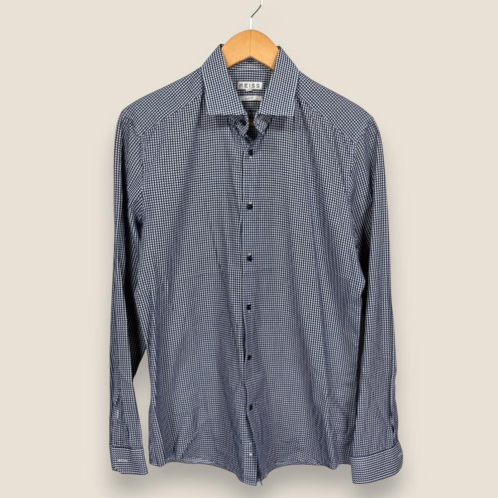 Reiss Slim Fit Button Shirt Mens Medium Navy Blue Gingham 100% Cotton Casual